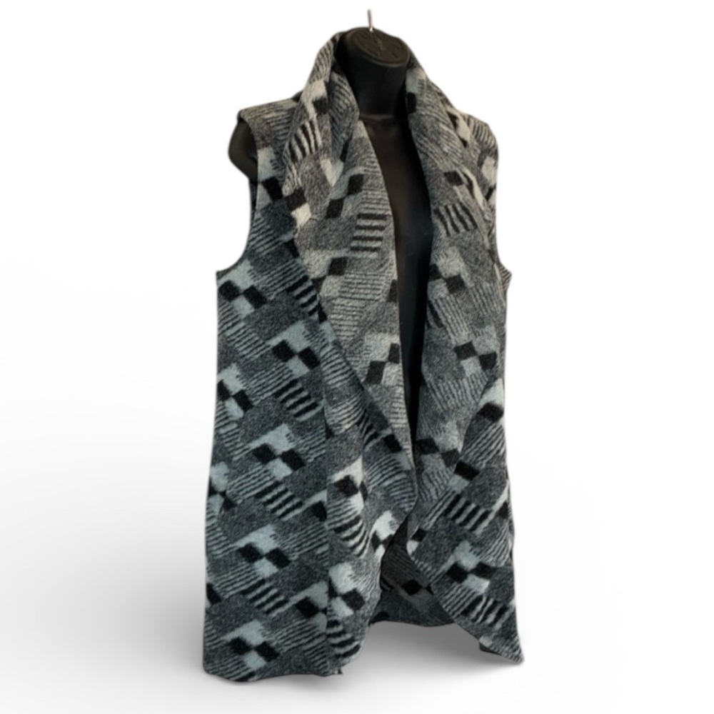 Willi Smith vest, Women's S, grey/black checkerboard, pockets, hip length. EUC